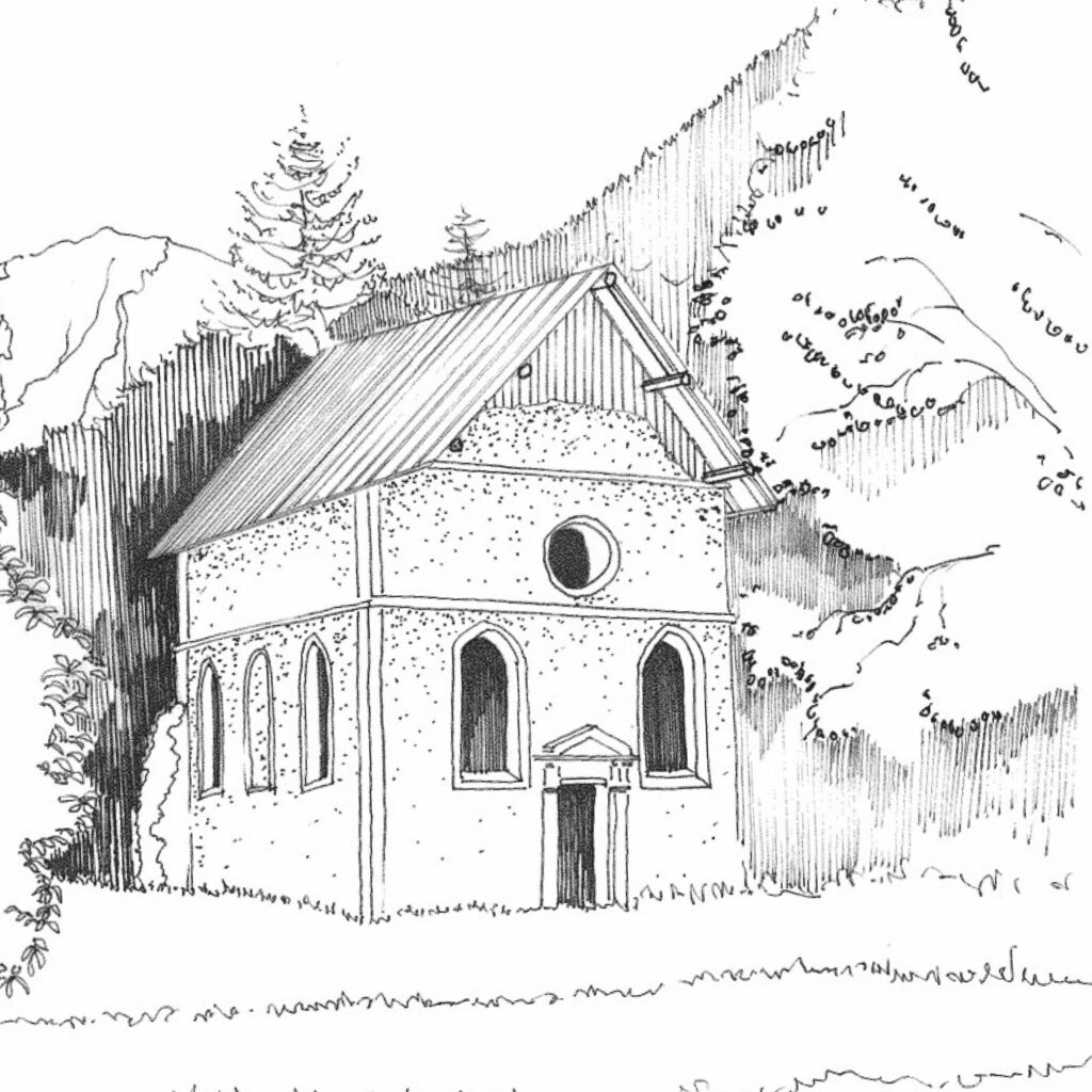 Dessin en noir et blanc qui représente la chapelle du château de Lesdiguières au Glaizil