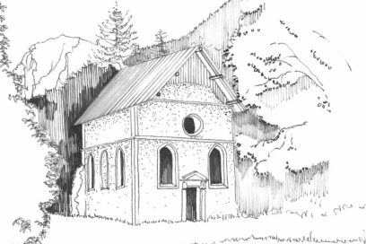Dessin en noir et blanc qui représente la chapelle du château de Lesdiguières au Glaizil - Agrandir l'image, fenêtre modale