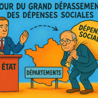 Dessin. Un homme représente, l'État, et transfère sur les épaules d'une autre homme, les Départements, les dépenses sociales.