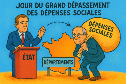 Dessin. Un homme représente, l'État, et transfère sur les épaules d'une autre homme, les Départements, les dépenses sociales. - Agrandir l'image, fenêtre modale