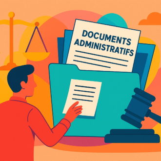 Illustration d'une personne qui consulte un dossier contenant des documents administratifs.