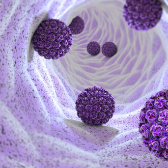 Dessin de virus couleur violet accroché à la paroi d'un "tube", comme un vaisseau du corps humain.