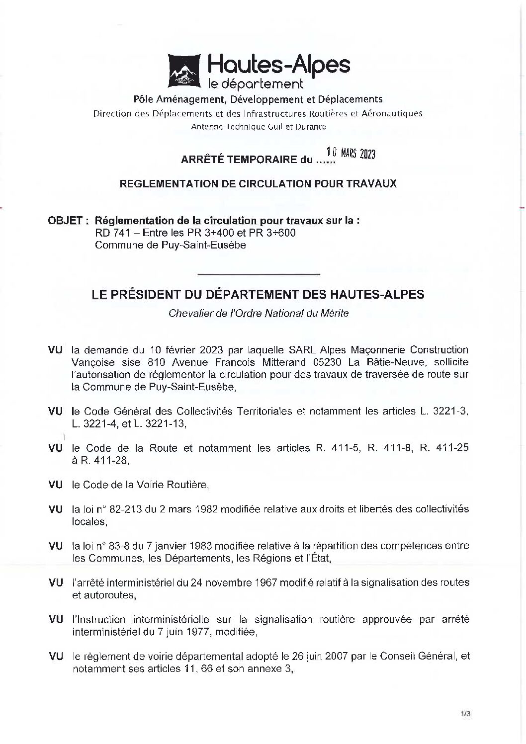 2023/ATGD/RD741/PUYSTEUSEBE/TRAVAUX DE TRAVERSEE DE ROUTE/AMCV