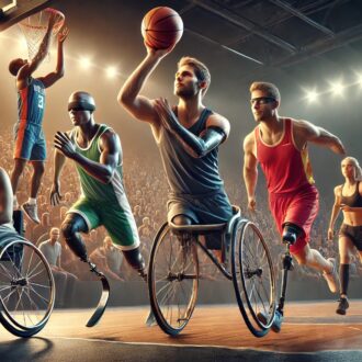 Image générée par intelligence artificielle. Dessin representant des sportif en situation de handicap sur le parquet d'un terrain de basket.