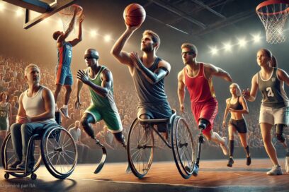 Image générée par intelligence artificielle. Dessin representant des sportif en situation de handicap sur le parquet d'un terrain de basket. - Agrandir l'image, fenêtre modale