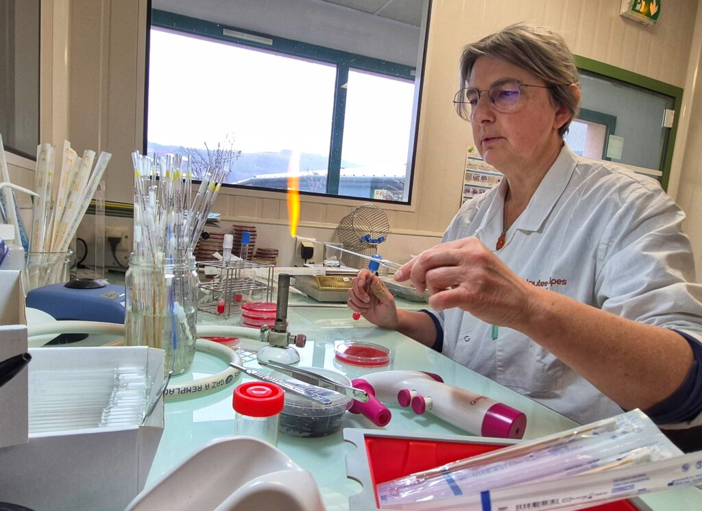 Une technicienne de laboratoire réalise des analyse à base d'éprouvettes et de bec Bunsen. - Agrandir l'image, fenêtre modale