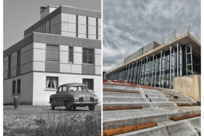 Montage de deux photos. La photo de droite : Un bâtiment en construction mais de nos jour. Au premier plan on distingue un large escalier en béton recouvert d'un bâche blanche retenue par d'imposants tasseaux de bois disposés le long de quelques marches. En arrière plan on distingue le bâtiment en construction fait de plaque de béton claire, d'impressionnantes baies vitrées et de colonnes métalliques. Photo de gauche : L'image est en noir et blanc, au premier plan, garée sur un petit parking en béton, une berline des années 1960. En second plan, un bâtiment formé de deux cubes en béton blanc. Tout autour du parking et du bâtiment, des herbes folles. - Agrandir l'image, fenêtre modale
