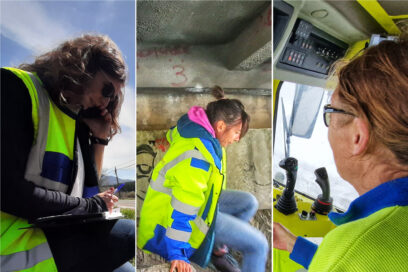 Collage de trois photos ou l'on distingue trois agents femme travaillant dans le domaine des routes, habillées de jaune fluo. Au milieu, la scène se passe sous un pont dont un distingue en haut de la photo la structure en béton et la culée, elle aussi en béton. Au pied de la culée, d'imposants rochers. L'agent, habillée d'une parka jaune fluo et d'un jean clair descend dans un petit bon de l'un des rochers. À droite, une agent en gilet sans manche jaune fluo par dessus un pull noir. Elle porte en jean foncé et des chaussures de sport blanche. Elle est accroupie téléphone à l'oreille et tablette sur les genoux en train de prendre des notes. Elle se situe sur la bas côté d'une route. À droite, on voit une agent tout des jaune fluo vêtue, cheveux relevés dans un chignon et imposantes lunettes de soleil sur le nez. La photo est prise en plongée. L'agente est au volant d'un chasse neige dont la lame est en train de racler la chaussée revenue au noir. Sur les bas côté, de la neige. - Agrandir l'image, fenêtre modale