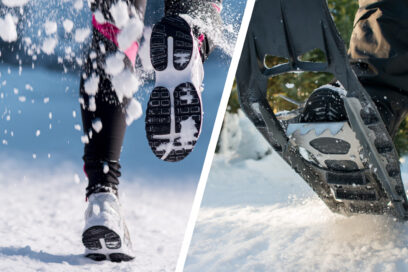 L'image est un montage séparé au milieu par un trait oblique blanc. Du côté gauche, gros plan sur une paire de jambes masculine habillée d'un pantalon de ski sombre marche vers nous avec de raquettes aux pieds. - Agrandir l'image, fenêtre modale