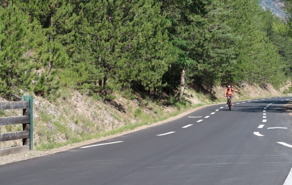Une route et un cycliste au lin. Au bord de la route, une forêt de conifères. On devine que la photo a été prise en montagne - Agrandir l'image, fenêtre modale