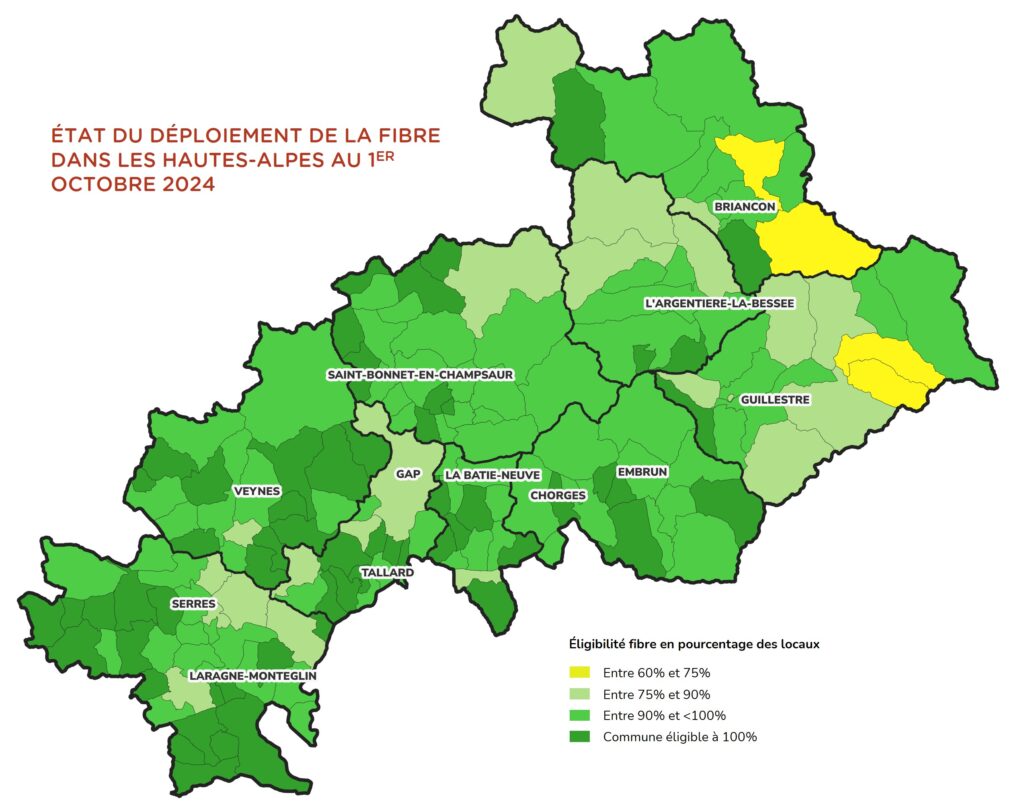 Carte représentant l'état du déploiement de la fibre dans les Hautes-Alpes au 1er septembre 2024 - Agrandir l'image, fenêtre modale