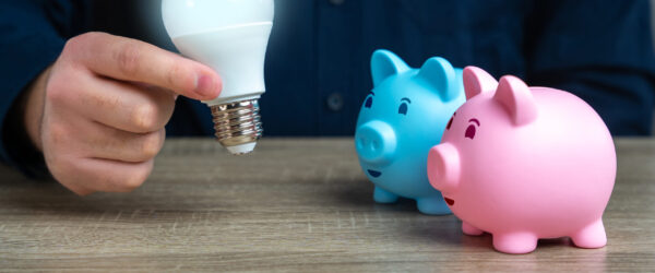 Deux tirelires en forme de cochons souriants regardent une ampoule à économie d'énergie