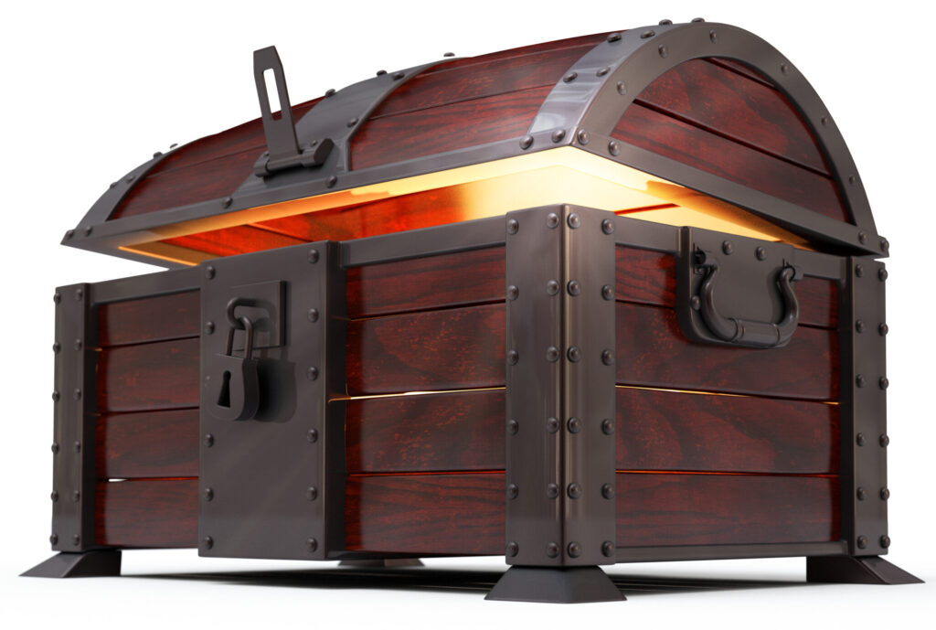 Dessin d'un coffre fort entrouvert d'où sort une forte lumière dorée. - Agrandir l'image, fenêtre modale